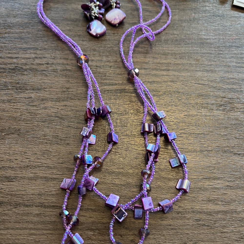 Handcrafted Purple Beaded Multi-Strand Necklace and Earring Set